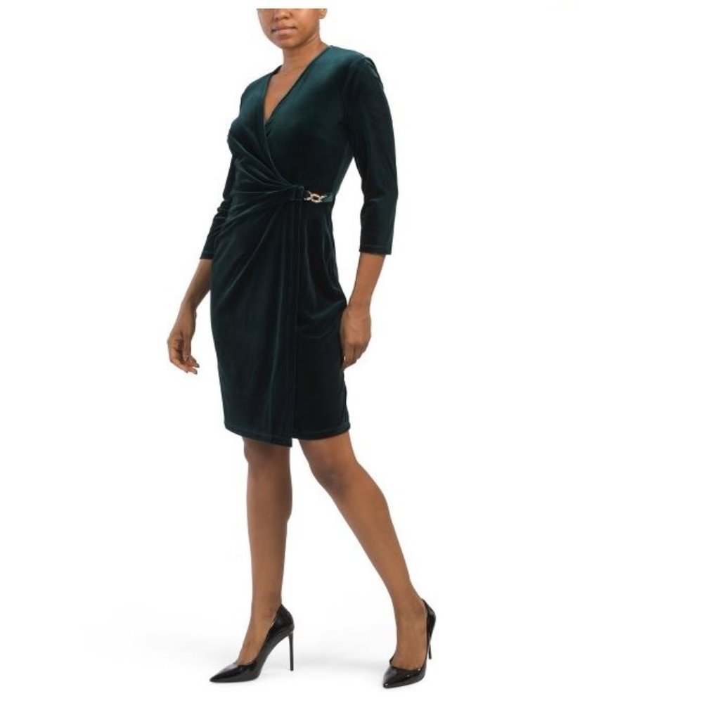 ANNE KLEIN  Classic Wrap Stretch Dark Green Dress
